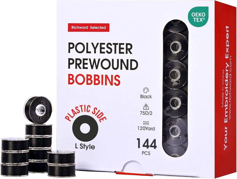Poolin RICHWORD Pre-wound Bobbins, Plastic Sided 144pcs Size L(SA155), 75D/2(60WT) Polyester Bobbin Thread for Embroidery and Sewing Machine, Black 120 Yards, PWB01 - Image 1